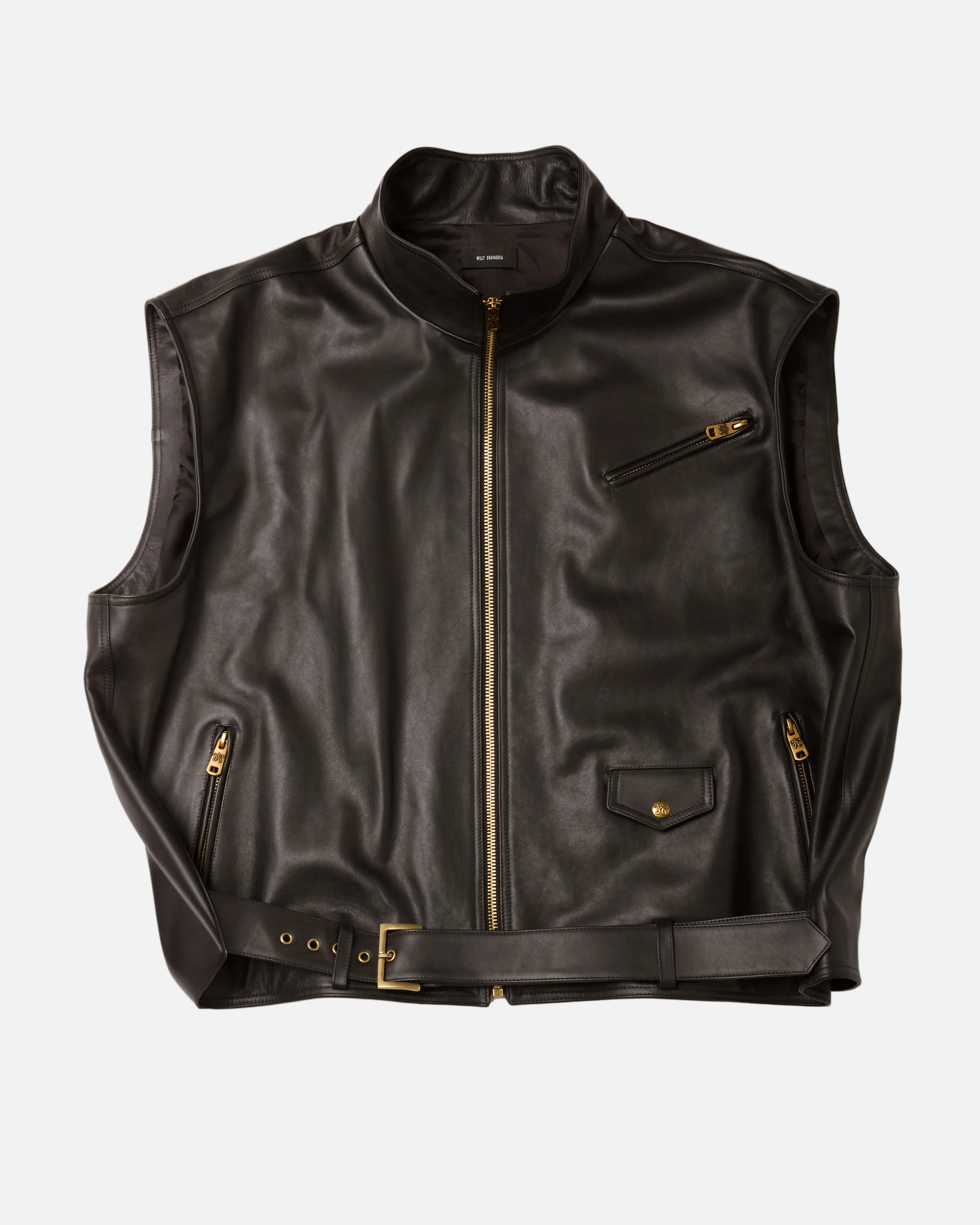 BELTED LEATHER VEST - BLACK